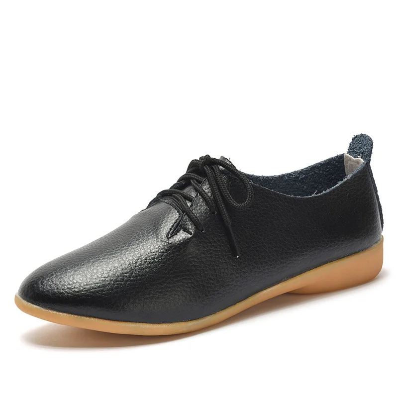 Comfortable Women Shoes Casual Genuine Leather Autumn Flat Women Shoes Moccasins Loafers Lace Up Ladies Leather Shoes Fashion - Цвет: 18880black