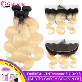 

Gabrielle Ombre Blonde Bundles with Frontal Brazilian Body Wave Bundles with Closure Remy Human Hair 1B/613 Frontal with Bundles