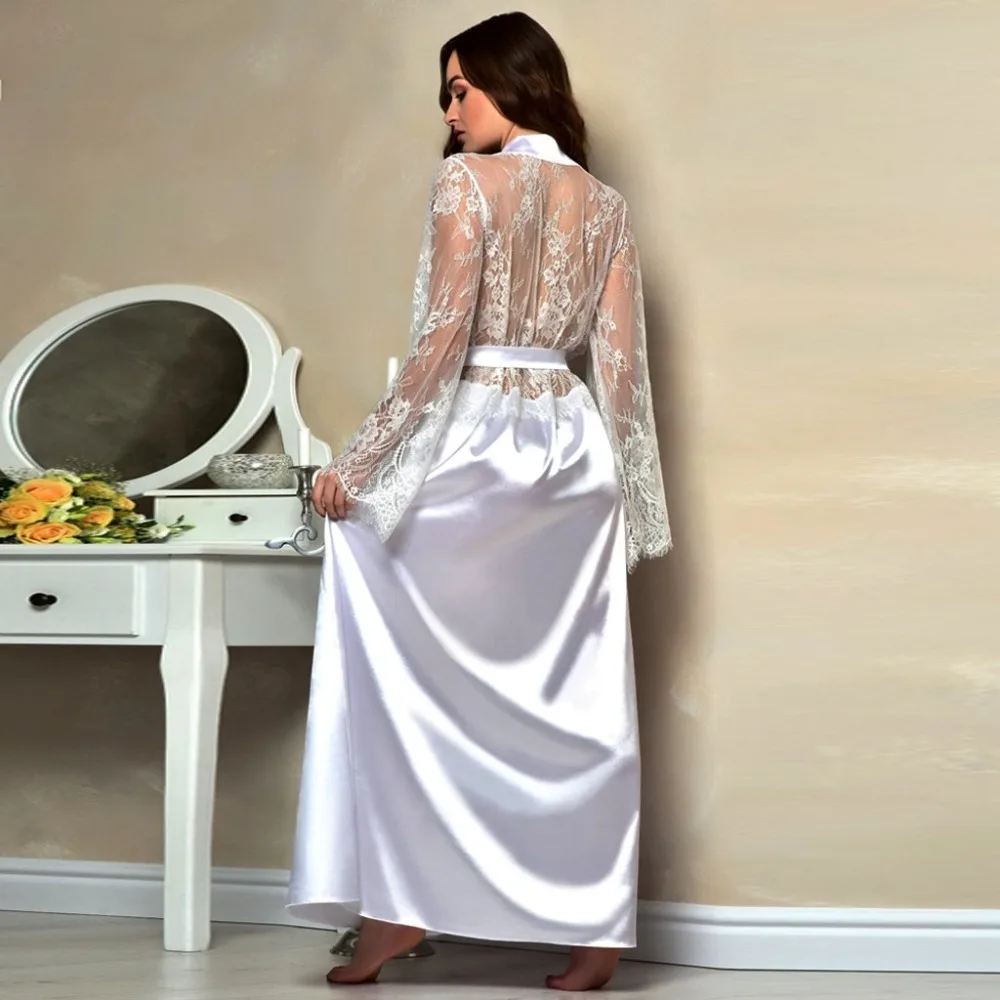 Сексуальные кружевные женские халаты, пижамы peignoir femme шелковые, атласные, с кружевами нижнее белье пижамы кимоно длинный халат подружки невесты Gow халат атласный