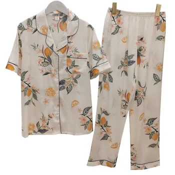 

Youhottest Silk Pajamas For Women Satin Short Sleeve Pajamas Sets Tun-down Collar Top+Long Pants Sleepwear