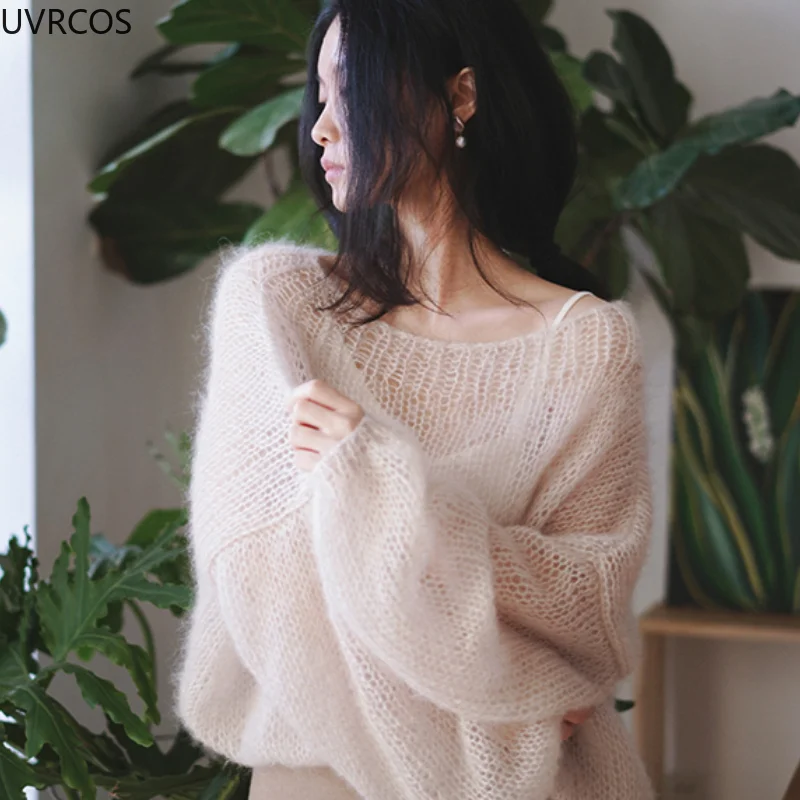 ★韓国人気★LOOKPLE★LOOK SEMI-OVER FIT MOHAIR SWEATSHIRT Pulcykp Autumn Women's Mohair Sweater Lazy Korean Style Pink