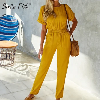 

Office Lady Back Lacing Solid Romper Elegant Summer Short Sleeve Jumpsuits 2020 Women Solid O-Neck Pocket Playsuit Outfits G1308