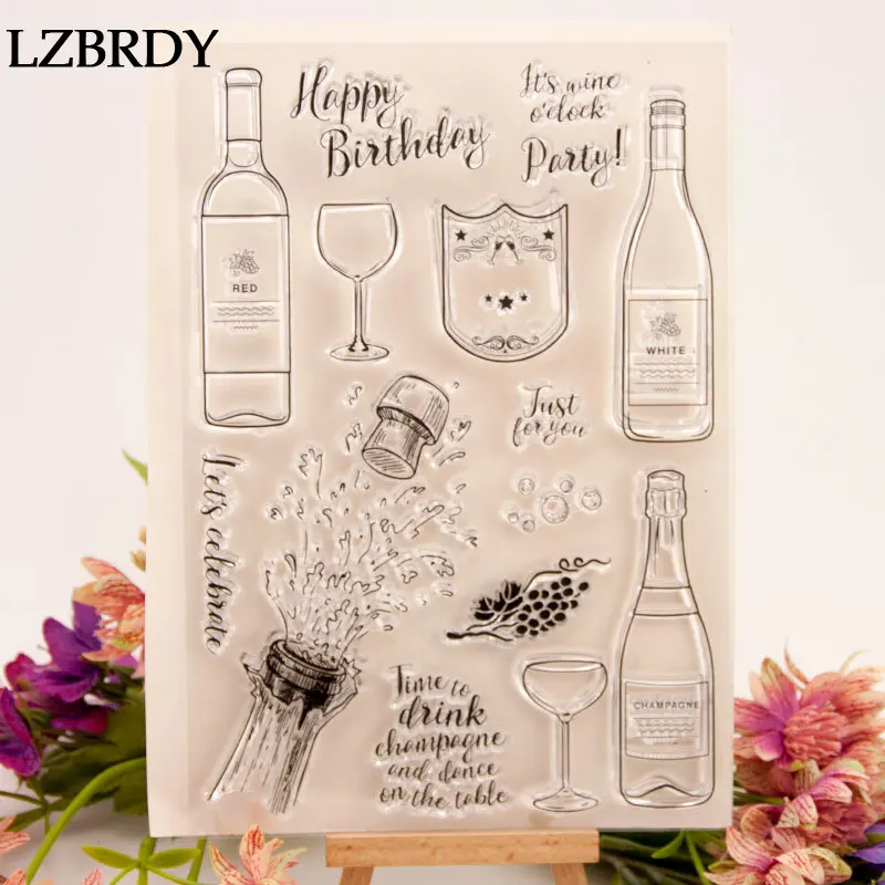 

1 Pack 2019 New Wine Bottle and Glass Stamps Letters Clear Rubber Stamps for Scrapbooking Card Making Thanksgiving Clear Stamps