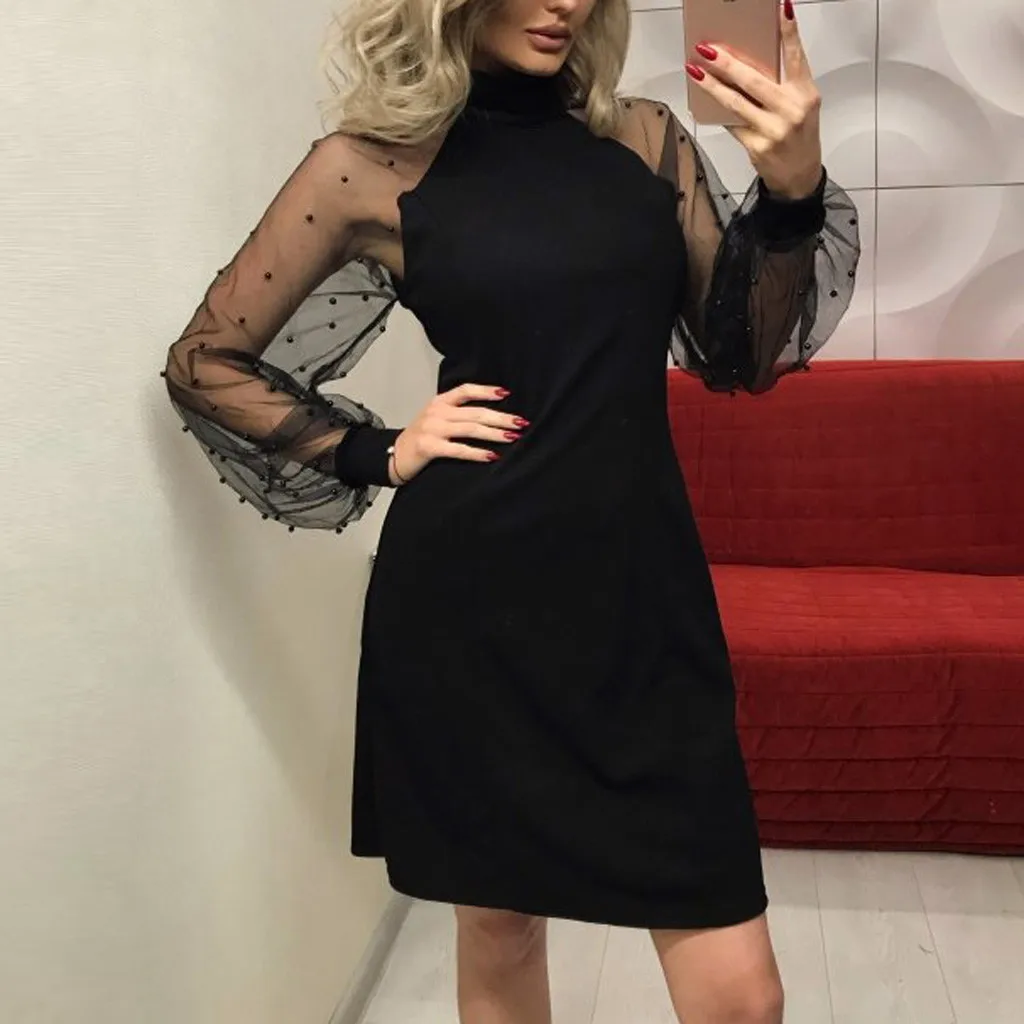 

Party Black or Blue Pencil Bodycon Dress With Jacquard Contrast Mesh Lantern Sleeve Spring Women Long Sleeve Solid Dresses 0906