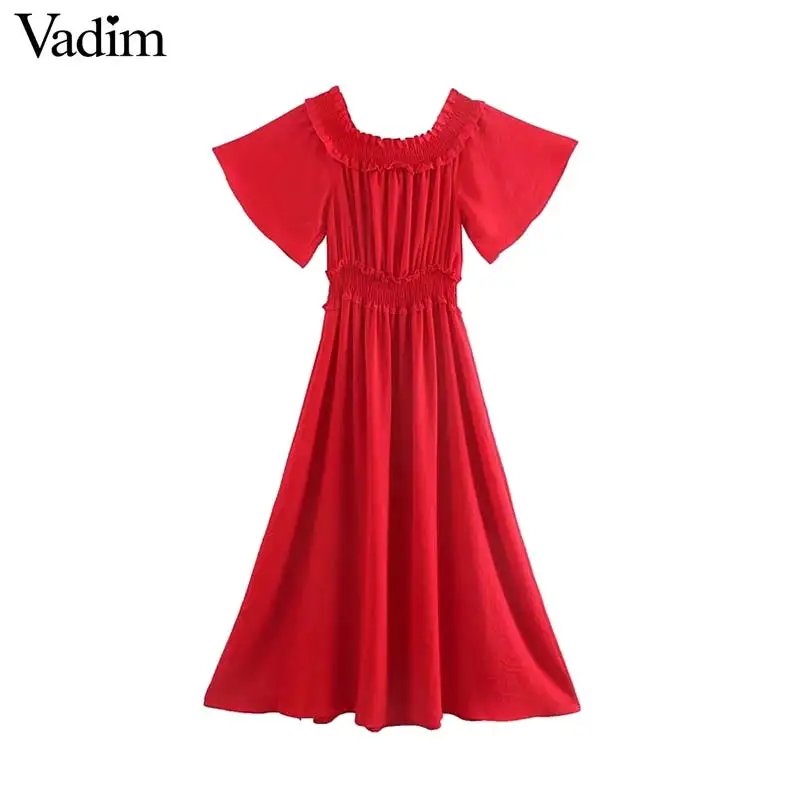 

Vadim women stylish red midi dress slash neck off shoulder short sleeve elastic waist female fashion mid calf dresses QC562
