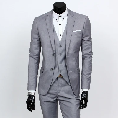 Light grey 2 button Пиджак+ жилет+ брюки) весенние Мужские приталенные деловые костюмы из трех предметов мужские вечерние костюмы жениха/мужские свадебные блейзеры - Цвет: Light grey 2 button