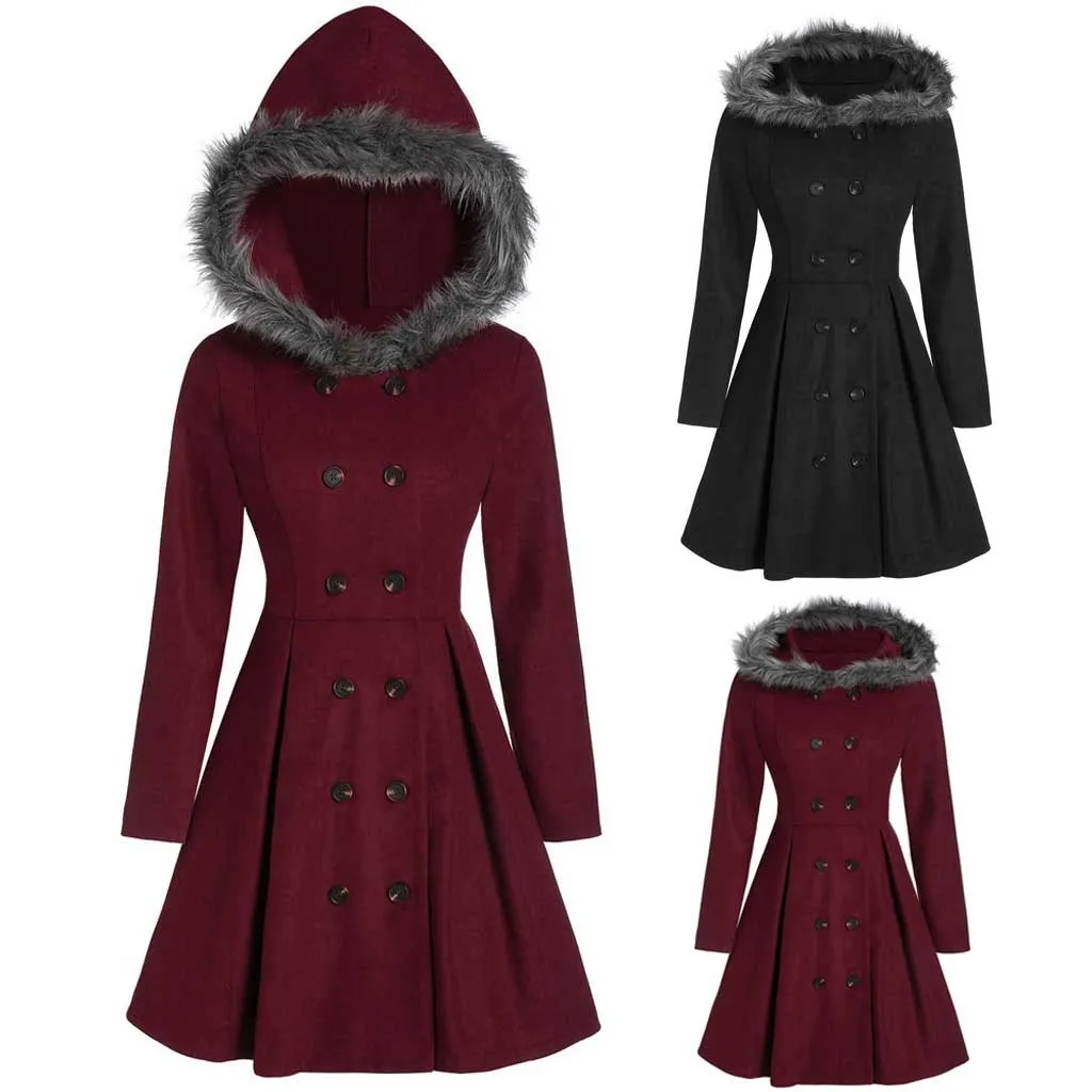 Женское шерстяное пальто модное одноцветное цвет размера плюс с длинным рукавом двубортное меховое с капюшоном зимнее теплое длинное пальто