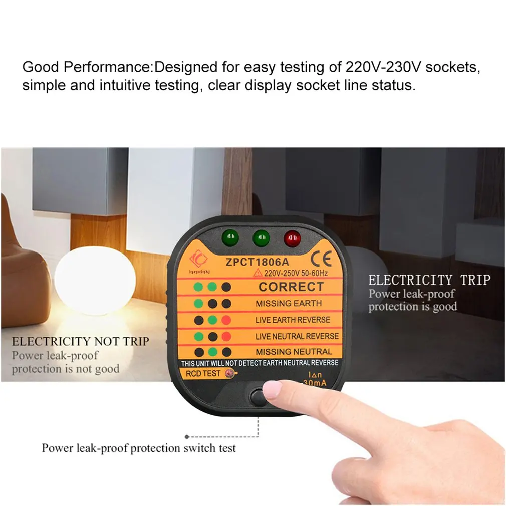 ZPCT1806A розетка тестер детектор цепи полярности напряжение выключатель Великобритании заземление нулевой линии переключатель безопасности электроскоп
