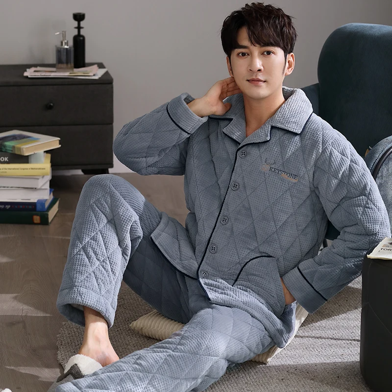 Winter3LayersQuiltedPajamasWarmMenThickFlannelPajamaSets