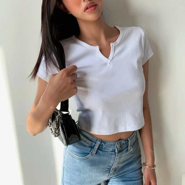 tornado Sober Fryse Summer Crop Top Women Short Sleeve Sexy Shirts For Women Fashion Crop Cute  Tops For Teen Girls V Neck Top White - T-shirts - AliExpress