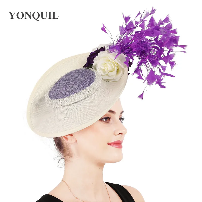

women millinery Ivory fascinator hats with purple feather and flower headdress gorgeous big kenducky derby chapeau caps ladies