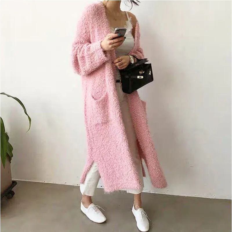

Fashion Pink Sweater Long Cardigan Women Open Stitch Winter Long Knitted Sweater Coats Female Casual Autumn Coat Outwear