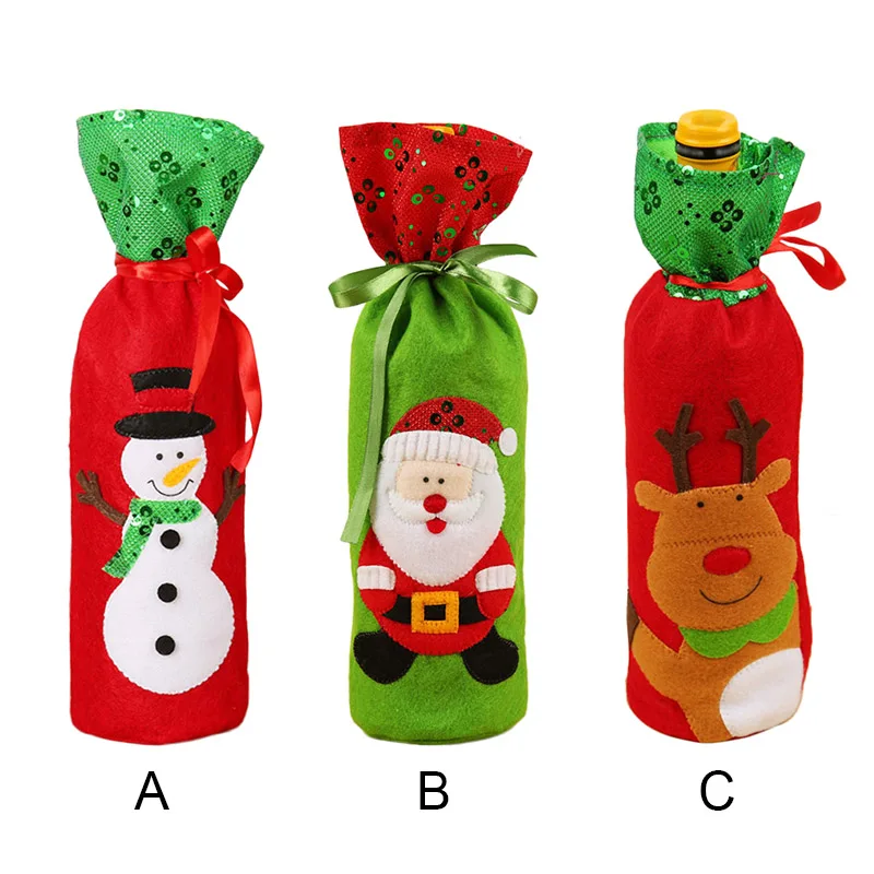 Christmas Red Wine Bottle Covers Sequin Embroidery Santa Claus Snowman Elk Red Wine Bottle Covers