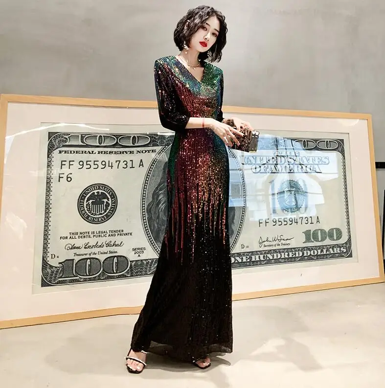 AE637 Robe De Soiree Половина рукава Вечерние платья с v-образным вырезом русалка с блестками вечерние платья женские элегантные платья для вечеринки - Цвет: AE637