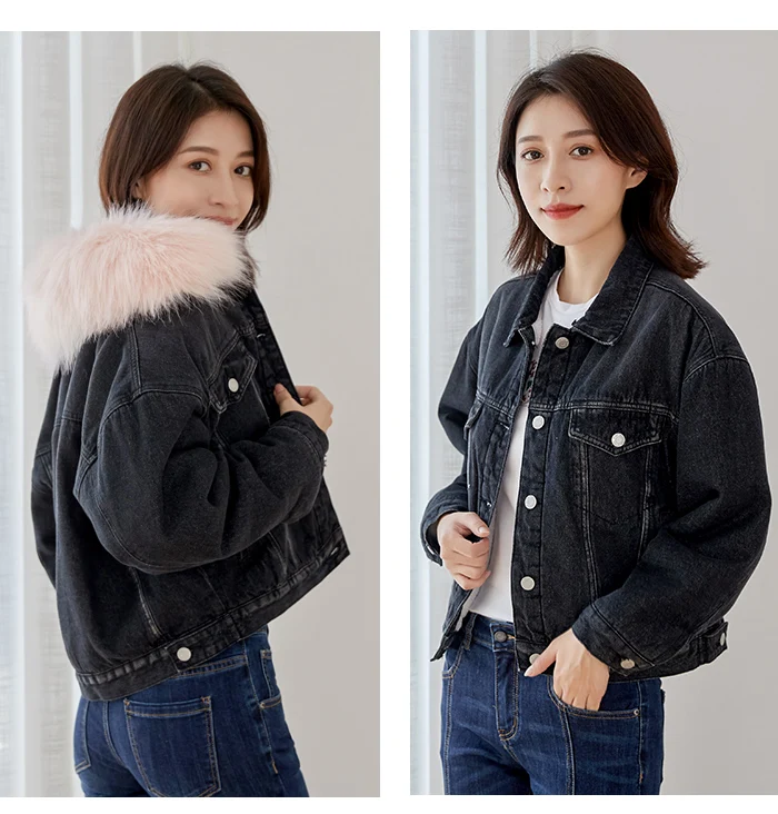 LEIJIJEANS, зимняя теплая куртка для девушек, зима-осень, съемный большой меховой воротник, пальто для девочек, джинсовая куртка, базовое Женское пальто, большое