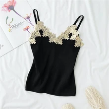 Женская трикотажная кофточка с v-образным вырезом, кружевная прошитая трикотажная кофточка, приталенная короткая трикотажная рубашка без рукавов, топ ML514