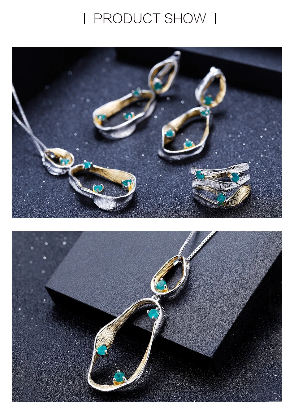 GEM'S BALLET 925 Sterling Silver Handmade Twist Jewelry Set Natural Green Agate Gemstones Ring Earrings Pendant Sets For Women