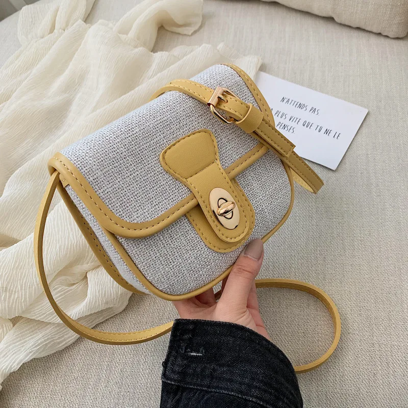 

19 One-Shoulder Square Sling Bag Korean-style Contrast Color Oblique Bag PU Leather Cotton Linen Summer INS Super Fire Simple WO
