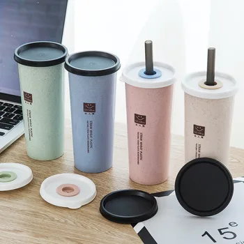 

470ml Portable Wheat Straw Water Cup with Straws Multi-Functional Double Lid Cola Coffee Plastic Travel Cup Drinking Cup