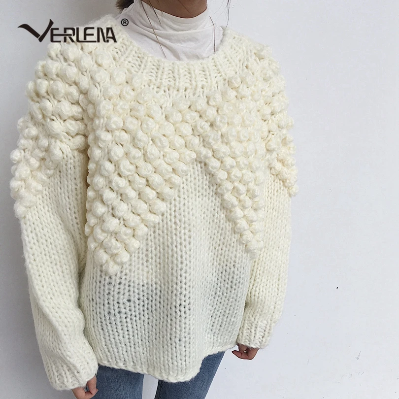 Белый Verlena Loose Thick Autumn Winter Mahair Jumper Solid Blue Bobble Chunky Knitted Sweater Women Long Sleeve O-Neck Pullover - Цвет: Белый