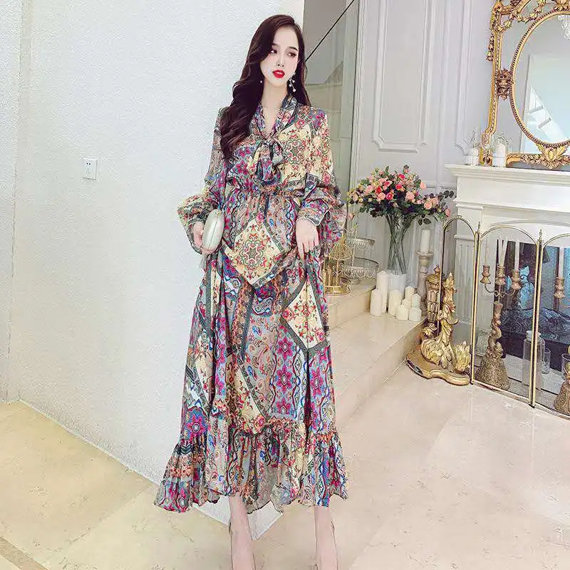 Holiday national style printed chiffon dress lantern sleeve autumn dress 2020 new female Office Lady  Sheath  Knee-Length