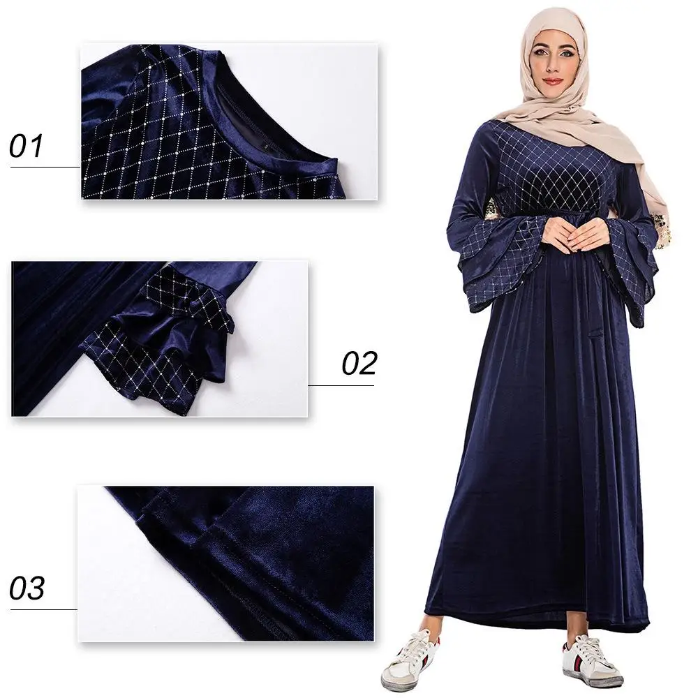 Мода мусульманский Для женщин длинными расклешенными рукавами abaya Макси платье теплый бархат кафтан халат Ислам Костюмы осень-зима свободное платье