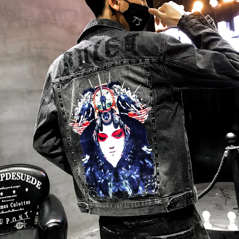 Fashion Men Denim Jacket Casual Hip Hop Bomber Jacket Face Print Broken Hole Beads Jeans Jacket Coats Outwear Chaquetas Hombre Fashion Men Denim Jacket Casual Hip Hop Bomber Jacket Face Print Broken Hole Beads Jeans Jacket Coats Outwear Chaquetas Hombre