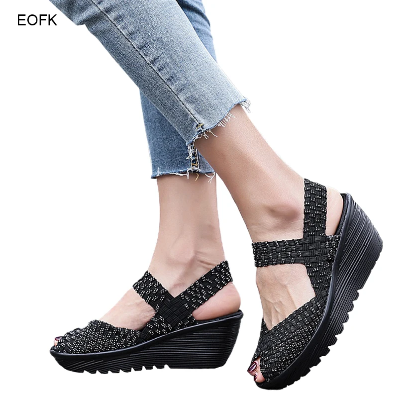 EOFK Summer Women Sandals Wedges Checker Shoes Peep Toe Comfortable Ladies Platform Handmade Woven Sandals