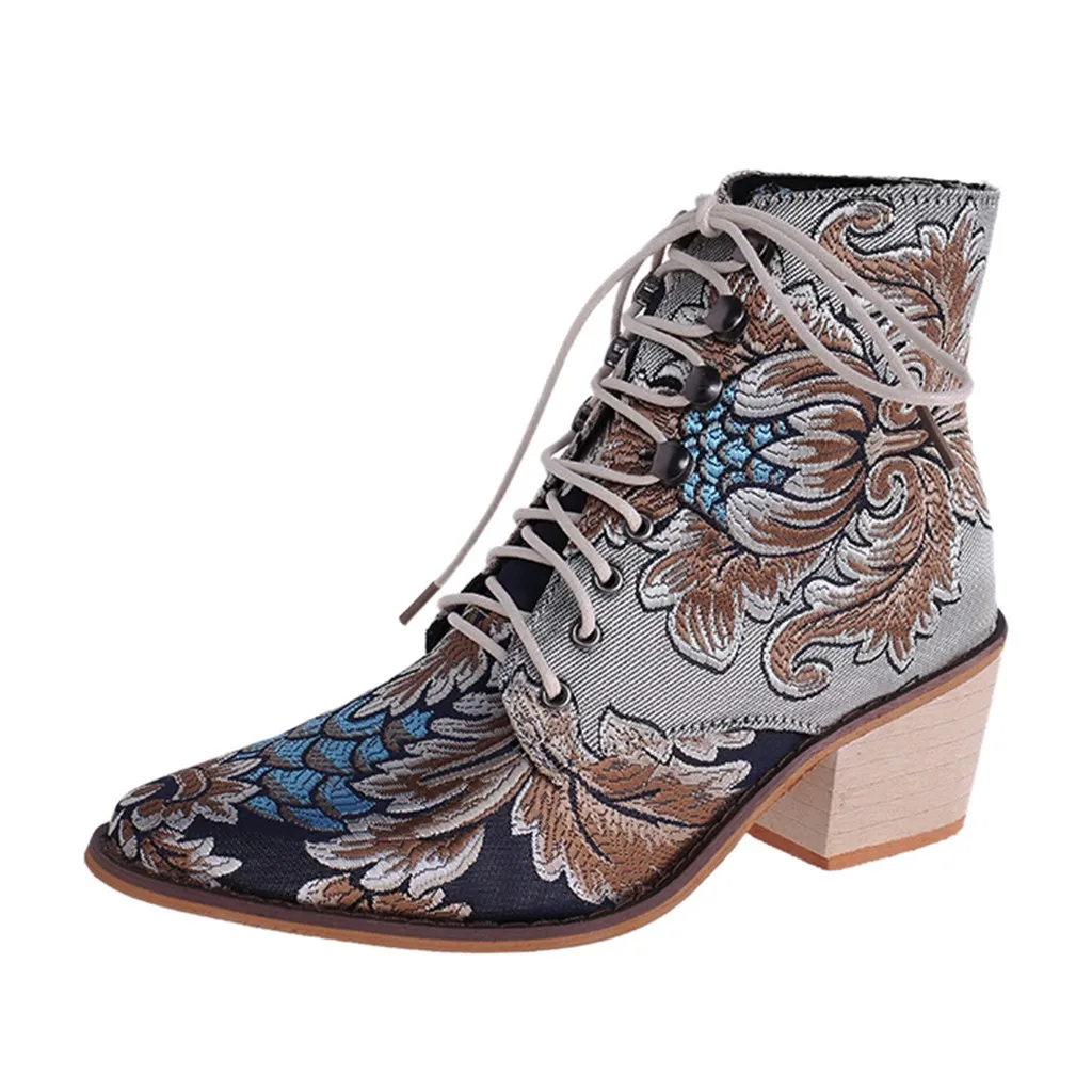 Зимние женские ботильоны, сапоги в этническом стиле, с острым носком, на шнуровке, с цветами, высокие каблуки из каучука, на платформе, без застежки, Женская обувь в стиле ретро, Botas Mujer#913 - Цвет: BU