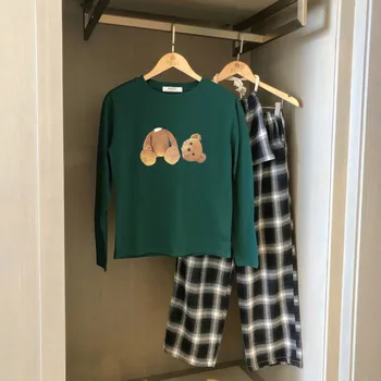 

Bear Print Pajamas for Women Home Suit Plaid Pants Two Piece Set Women Home Clothes for Women Pyjamas Women Autumn Sleepwear Set