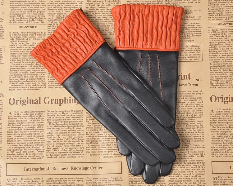 Настоящие Кожаные женские перчатки Осень Зима теплые утолщенные модные трендовые двухцветные овчины женские кожаные перчатки L150NC-1
