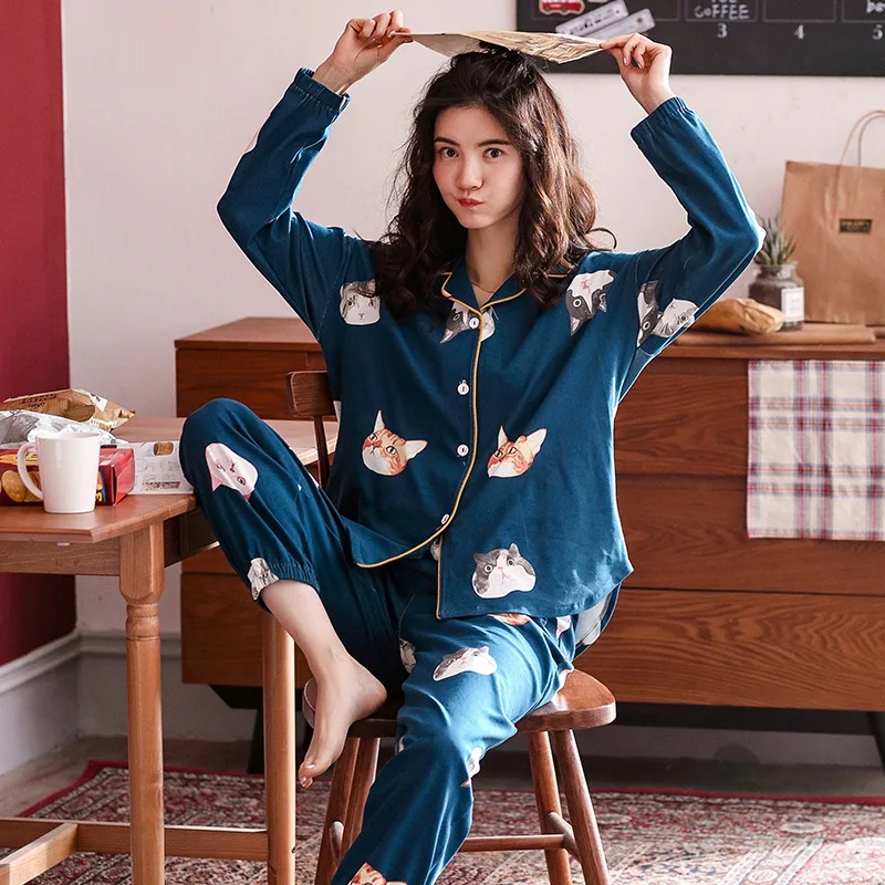 

Spring, Autumn And Winter Pajamas Women's Pure Cotton Long Sleeve Korean-style Cartoon Cute Large Size Cardigan Cotton Homewear