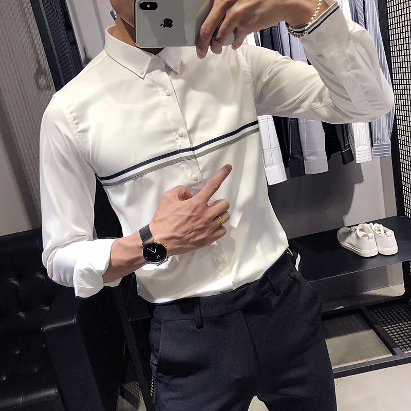 Брендовые мужские рубашки Camisa Masculina, повседневная приталенная рубашка с длинным рукавом, высокое качество, белая мужская деловая официальная рубашка