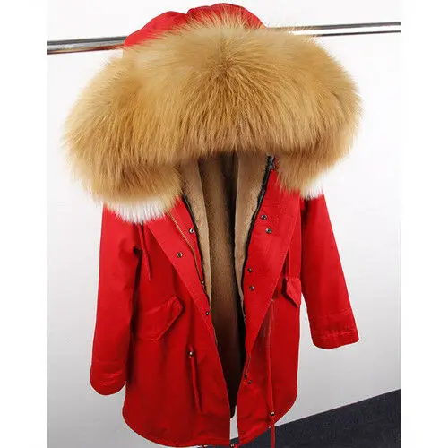 Red2 WO Fur Cuff Лидер продаж Женская натуральный мех лисы парка пальто куртка с капюшоном Подкладка из кроличьего меха Рекс пальто - Цвет: Red2 WO Fur Cuff