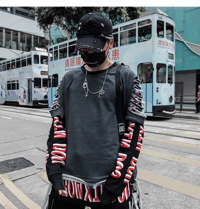 Aelfric Eden поддельные две части отверстие с буквенным принтом мужские толстовки Harajuku Топы повседневные хлопковые пуловеры модная уличная одежда