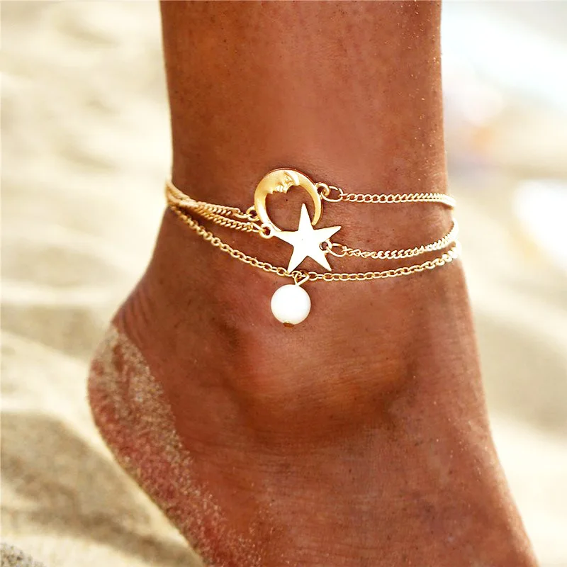 

Simple Three Layer 3 Article Foot Chain Metal Alloy Accessory Moon Star White Pearl Pendant Anklet Set
