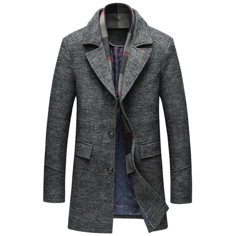 High Quality Woollen Coats Men With A Scarf Lapel Plain Mens Coat Business Casual Men's Warm Luxury Overcoat M-5XL | Мужская одежда