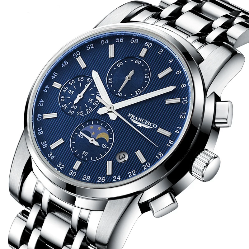 Мужские кварцевые часы хронограф с большим циферблатом из нержавеющей