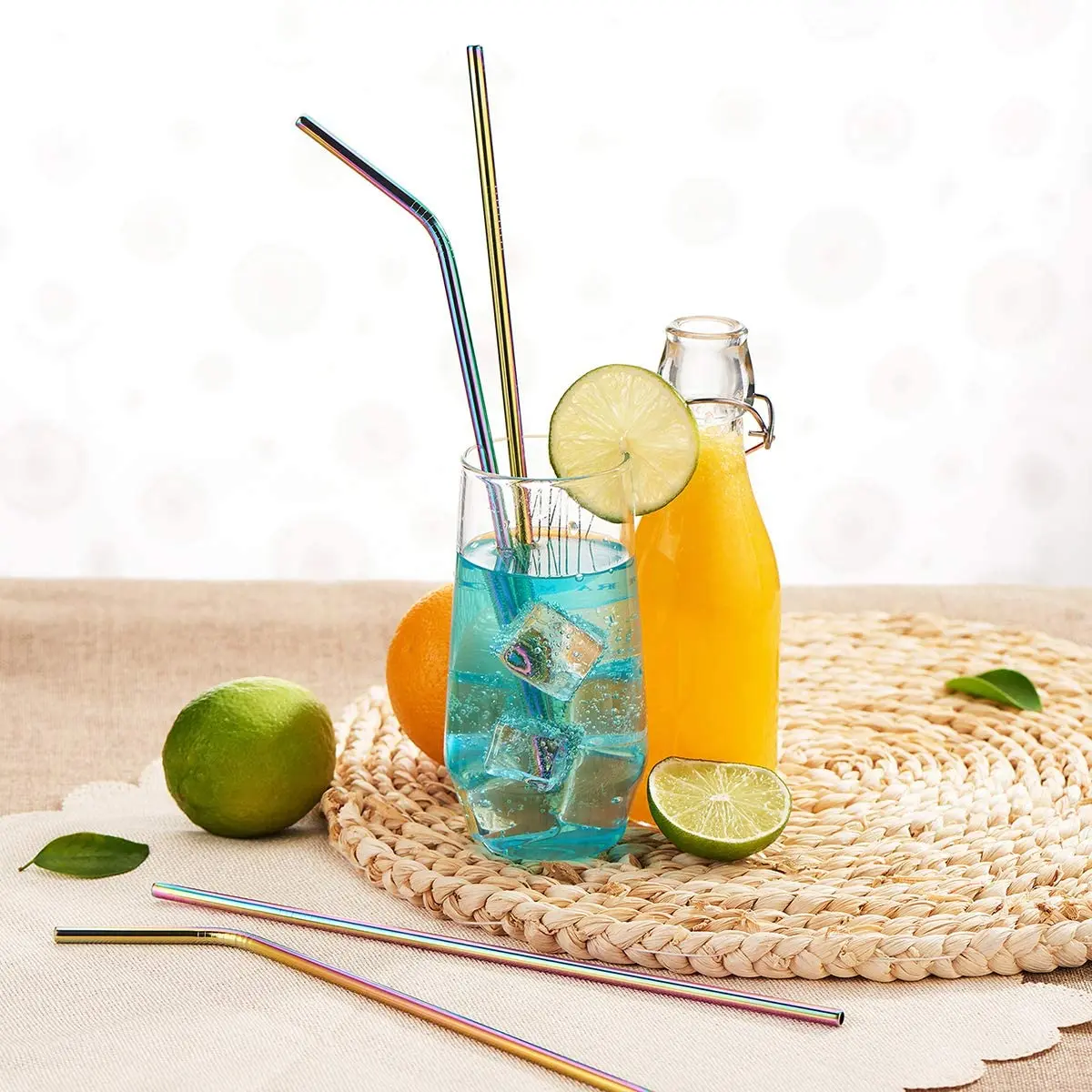 Reusable Drinking Straw Metal Straws Cleaner 8 Pcs 304 Stainless Steel Straws Set Straight Bent Eco-friendly Drinkware Straw