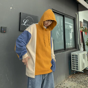 

2020 Autumn Men's Fashion Trend Pullover Wind Loose Hit Color Coats Clothes Hooded Hoodies Cotton Casual Male Sweatshirts M-XL
