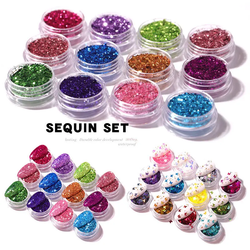 

12 Pc Set Paillette Laser Nail Dust Powder Glitter Sequins Intrigue Five-pointed Star Butterfly Moon Nail Art Decoration Red DIY