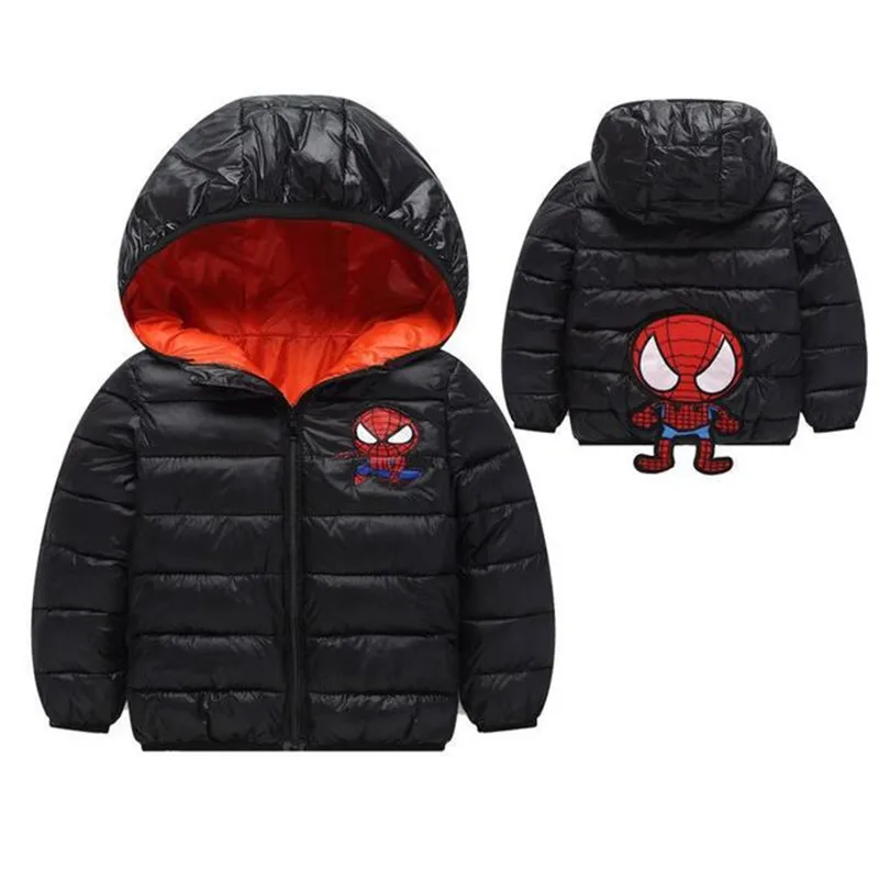 Koop Donsjacks Jongens Meisjes Verdikking Warme Bovenkleding 2019 Winter Kinderen Katoen Rits Spiderman Bovenkleding Kapmantel Jas Kinderen