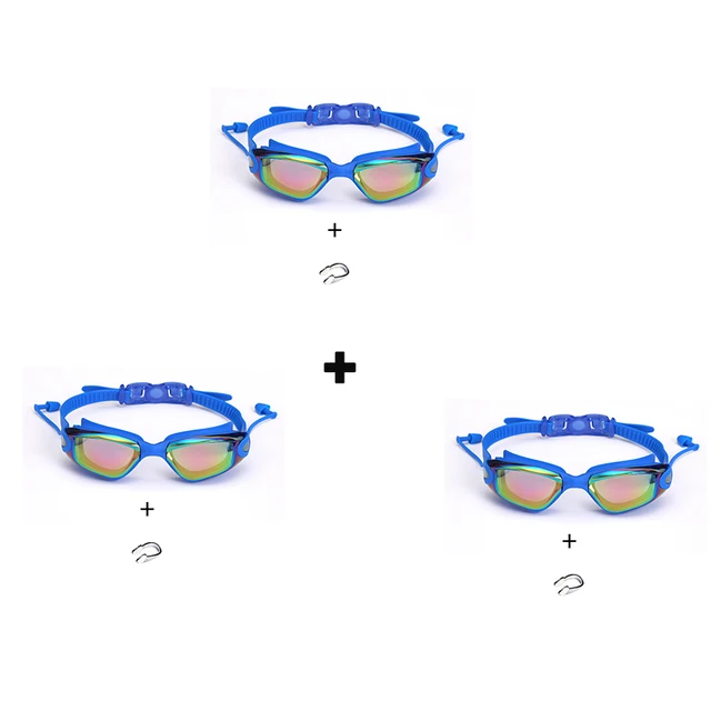 3 PCS  Professional Swimming Goggles Set Earplugs Waterproof Glasses Electroplate Anti-Fog Anti-UV Pull Buckle Adult Silicone Blue