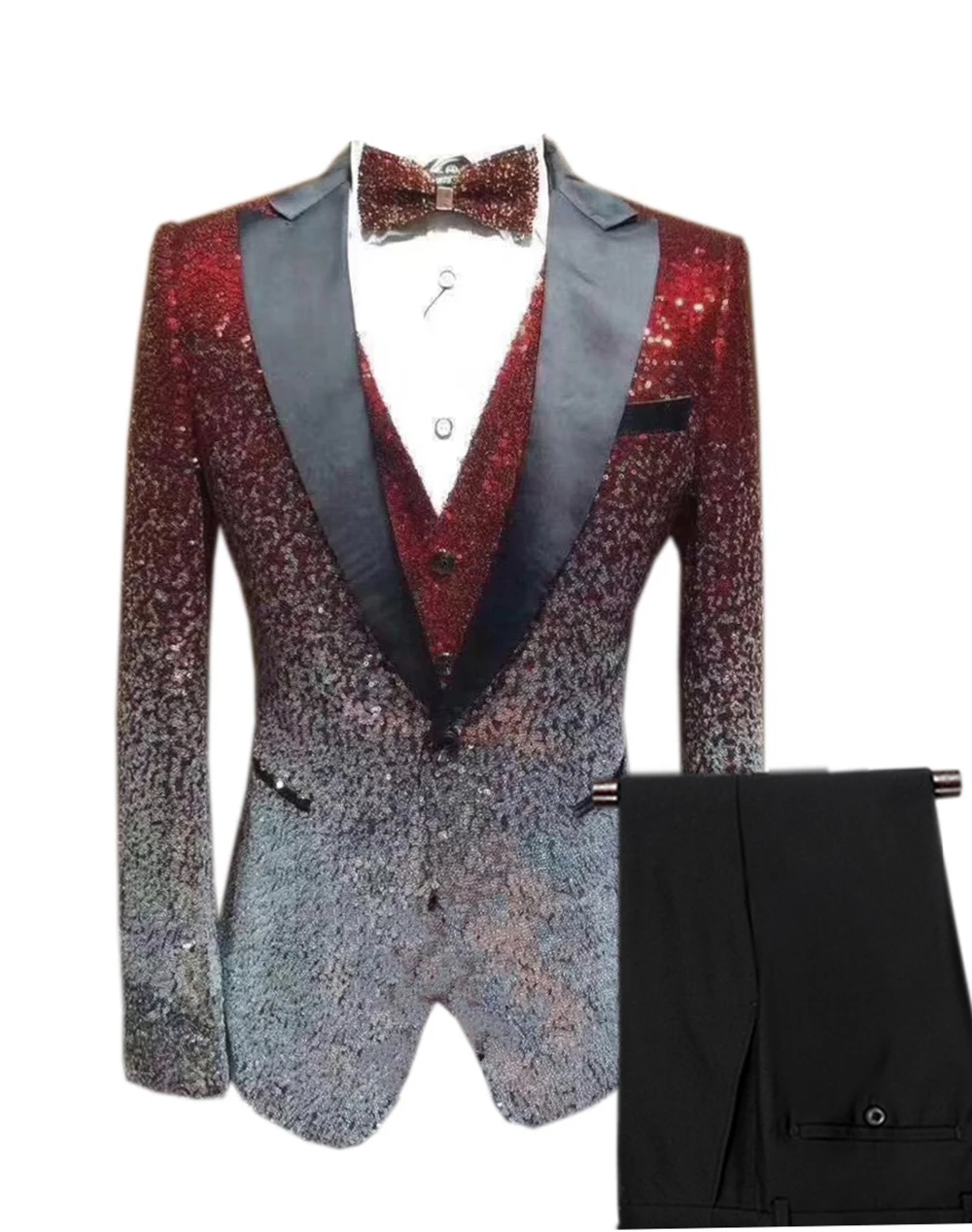 Burgundy-Silver Мужской костюм из 3 предметов с блестками, смокинг с отворотом, блейзер для свадьбы, жениха, Бургундия, золото, серебро, Королевский(Блейзер+ жилет+ брюки - Цвет: Burgundy-Silver