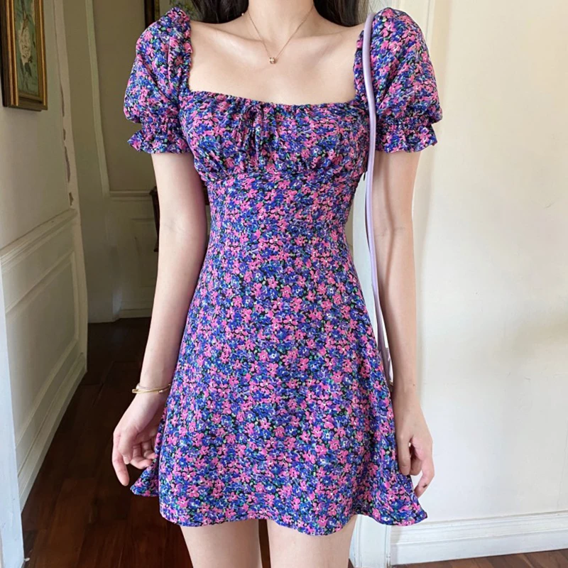 Korean Purple Floral Dress Puff Sleeve 