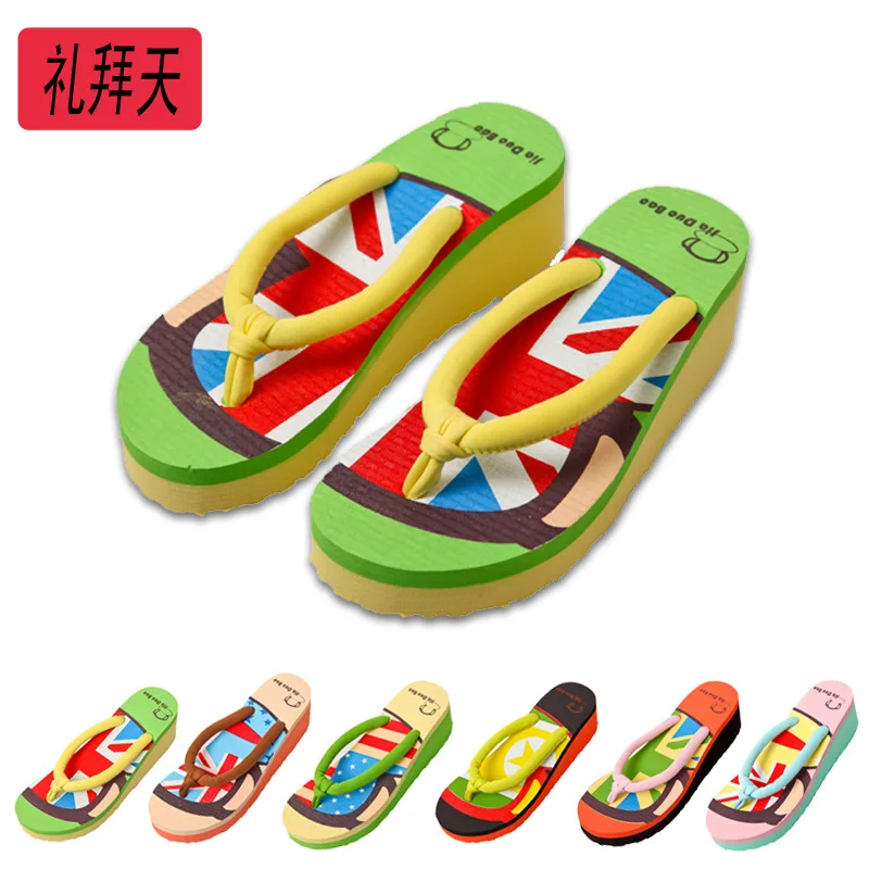 

New Style High-Heel Monkey National Flag Slanted Heel Flip-flop Herringbone Sandals-