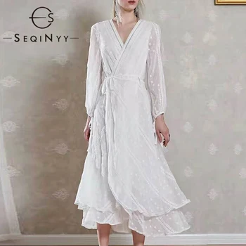 

SEQINYY Elegant Dress 2020 Summer Spring New Fashion Design Women Bohemian Hollow out Flower Embroidery White Midi Dress