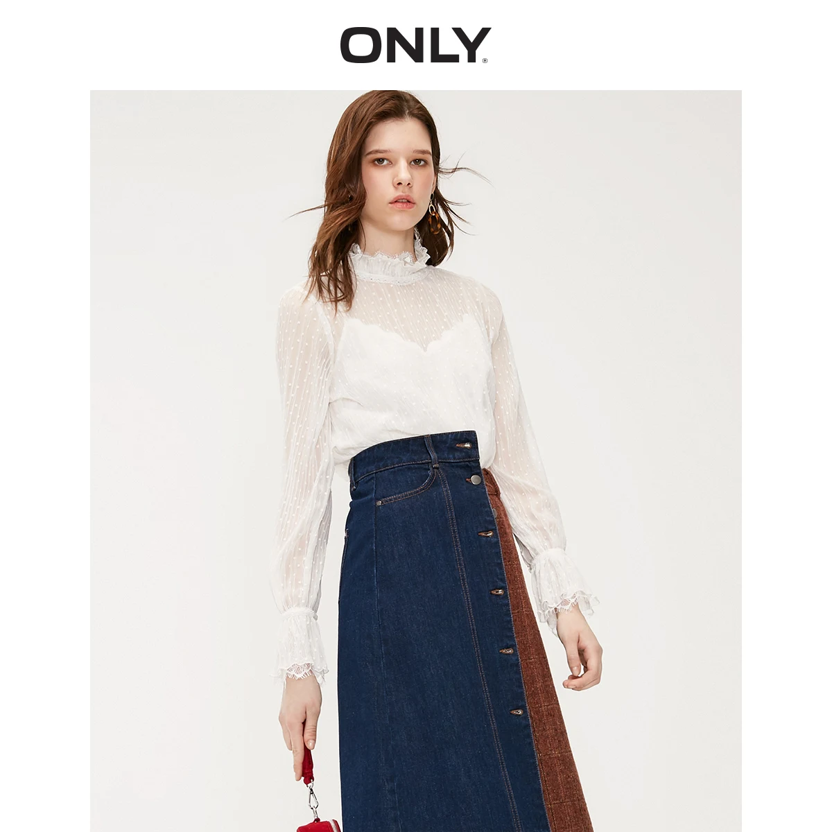 ONLY Autumn Winter Women's Loose Fit White Dot Laced Chiffon Shirt | 119207583 ONLY Autumn Winter Women's Loose Fit White Dot Laced Chiffon Shirt | 119207583