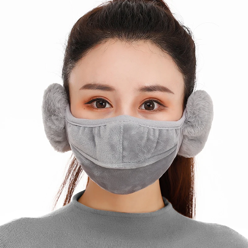 grey Женская Зимняя Маска два в одном, теплая маска, наушники, утолщенная, для езды, ветрозащитная, для ушей, теплая, для женщин, мужчин, одноцветная, хлопковая маска - Цвет: grey