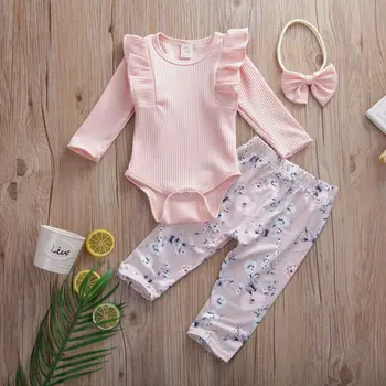 

US Princess Girl Clothes Kid Baby Girl Clothes Ruffle Romper Tops Flower Pants Headband Outfit Autumn Clothes 0-24 months